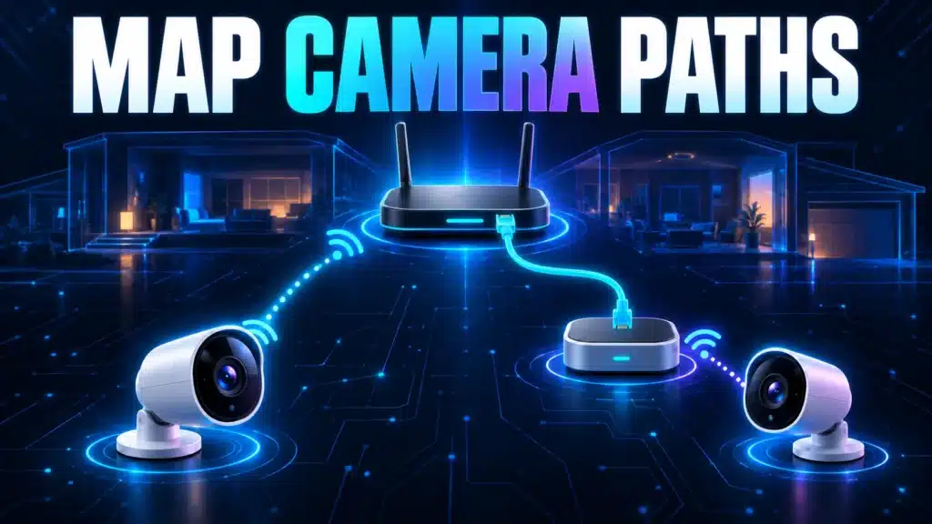 Two camera paths show direct Wi-Fi to a router or wireless to a hub with a wired Ethernet uplink.