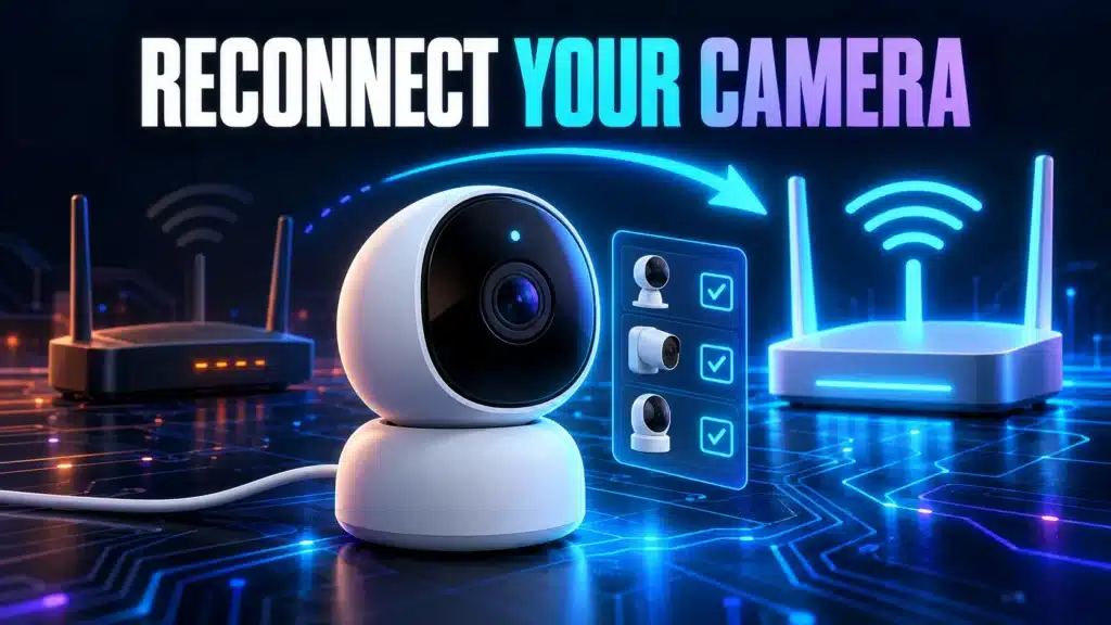 A camera, old router and new router illustrate checking the supported Wi-Fi reconnection process.