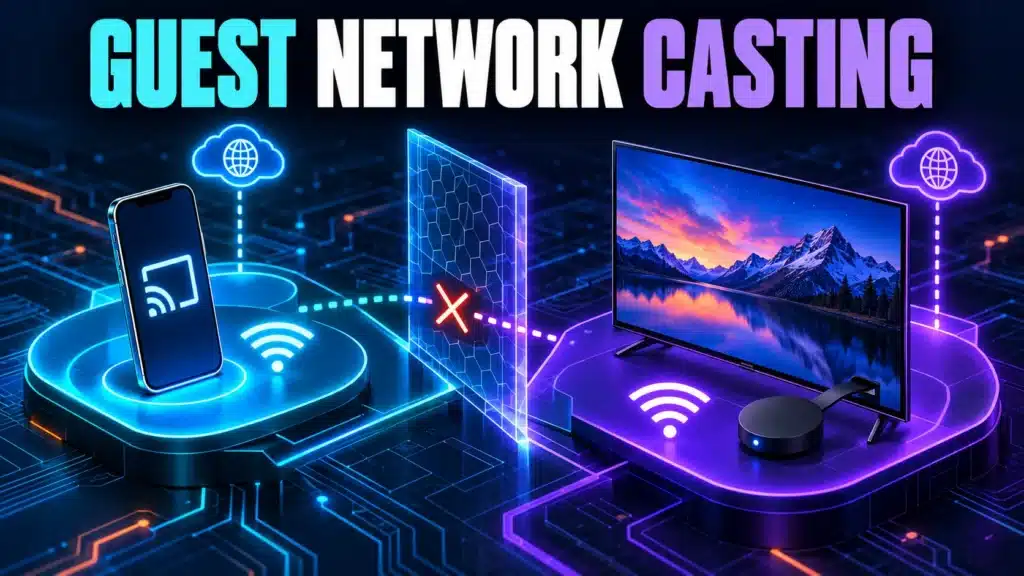 A guest-network phone and a casting receiver on separate local networks illustrate device isolation.