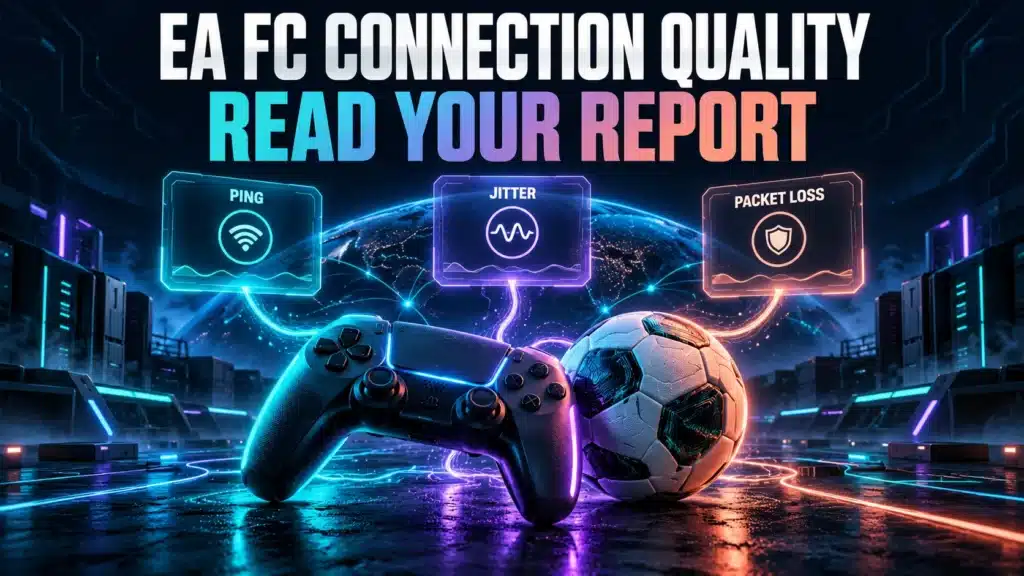 Soccer ball and game controller connected to illustrated ping, jitter and packet loss panels.
