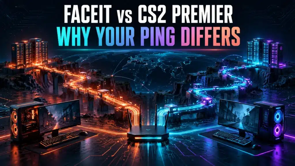 Two gaming PCs connect to distant servers through different orange and cyan network routes.