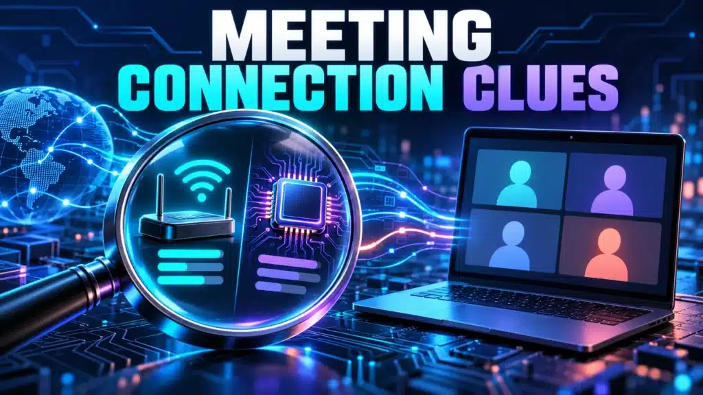 A meeting laptop beside network and device-workload symbols illustrates comparing connection clues.