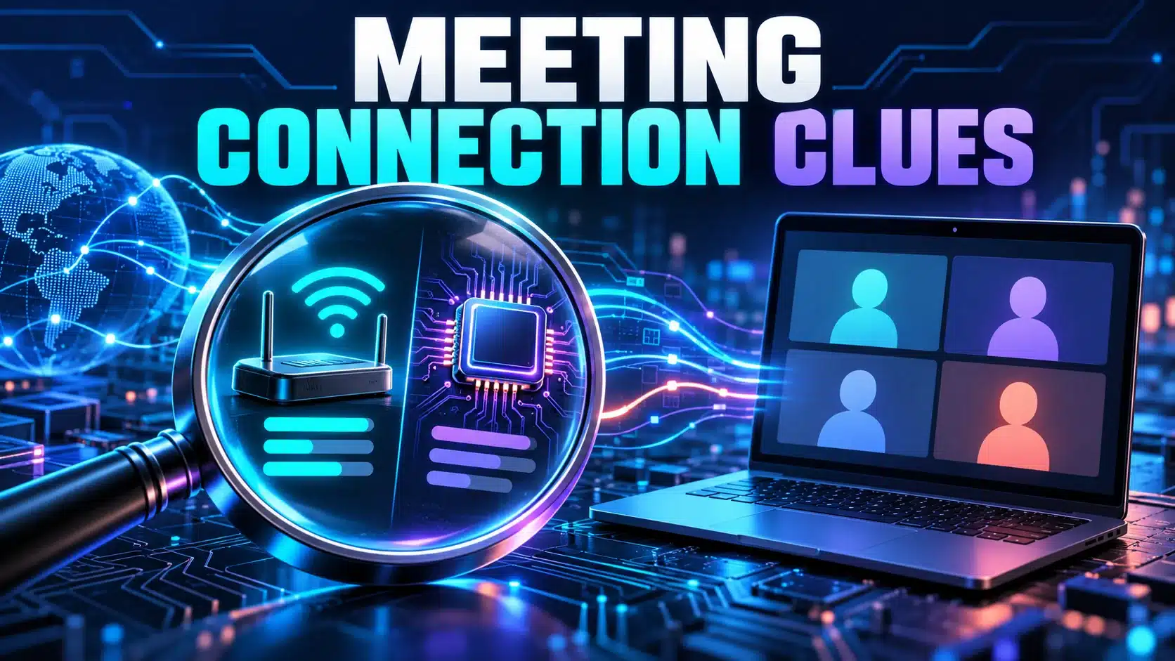 A meeting laptop beside network and device-workload symbols illustrates comparing connection clues.