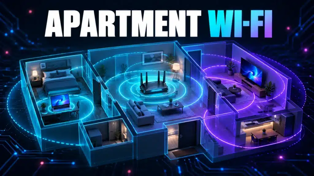 Conceptual apartment layout with a router and devices in separate rooms.
