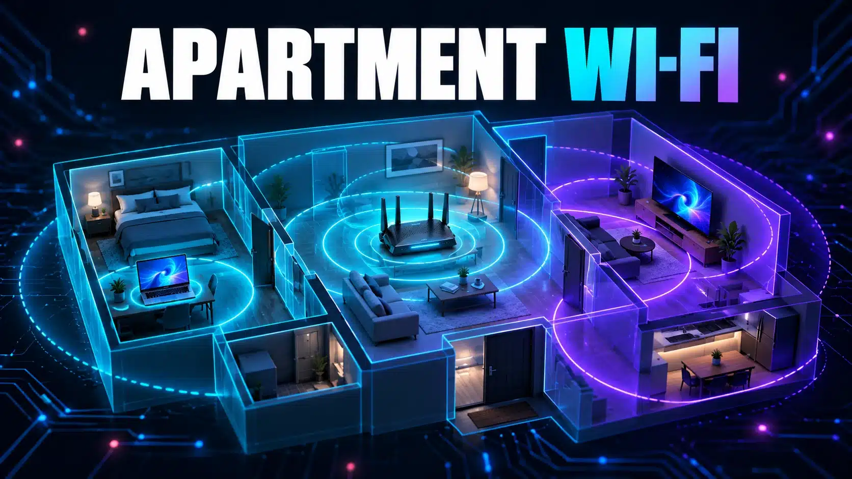 Conceptual apartment layout with a router and devices in separate rooms.