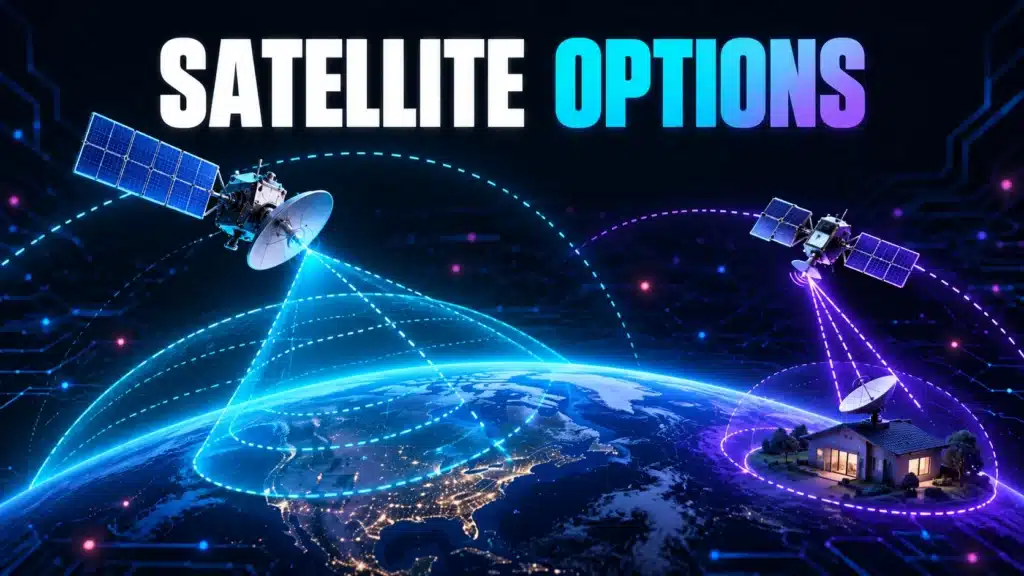 Conceptual comparison of higher and lower satellite paths serving internet connections.