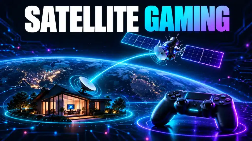 Satellite internet dish, satellite and game controller in a conceptual gaming illustration.