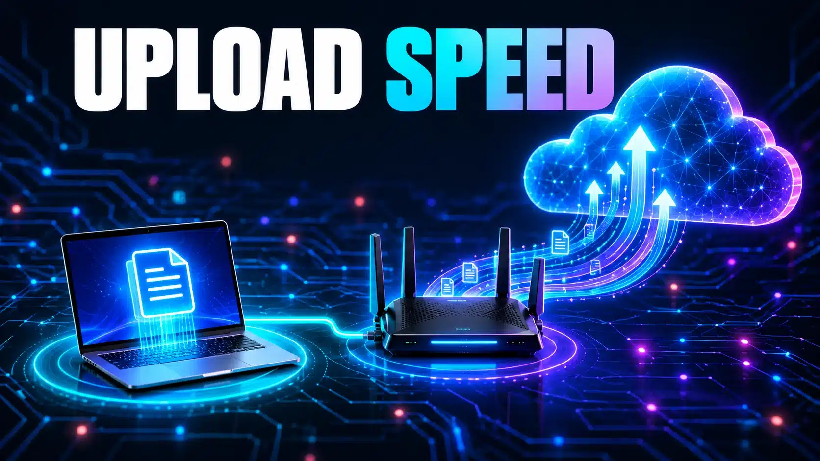 Conceptual file upload from a laptop through a router to cloud storage.