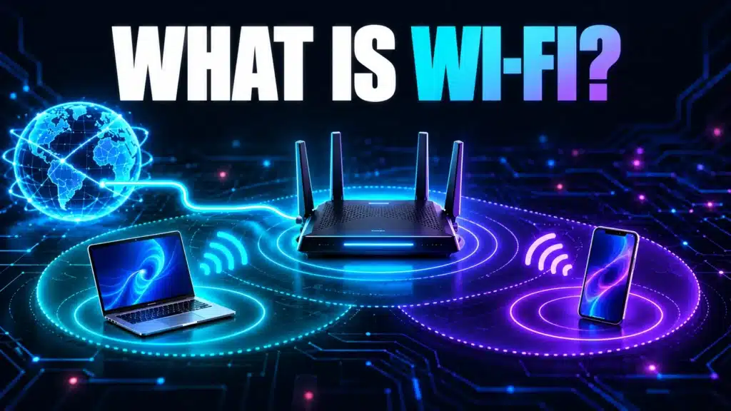 Local wireless links between devices and a router, with a separate internet connection.