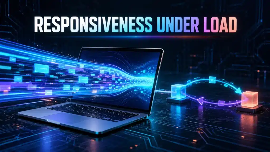 Laptop with ongoing transfers and a separate response loop illustrating network responsiveness under load.