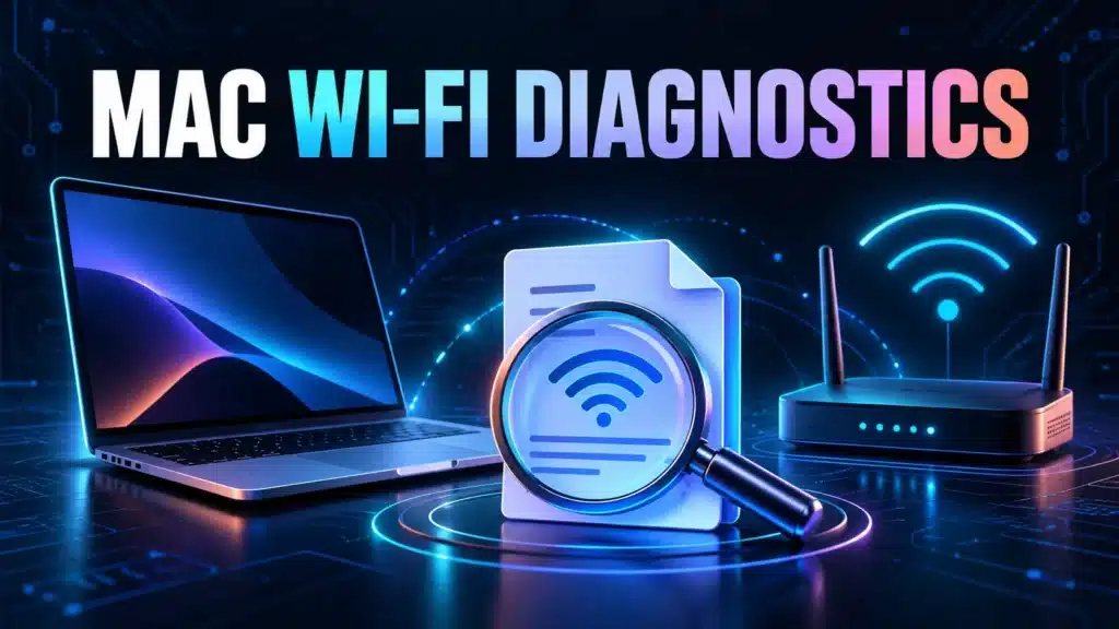 Laptop, Wi-Fi router and archive document representing collection of a wireless diagnostic report.