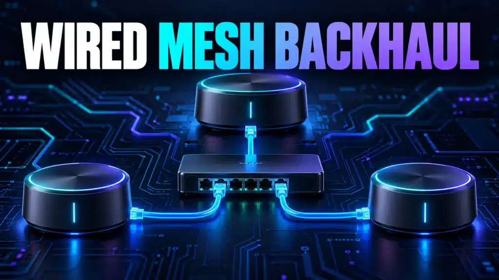 Main mesh router, switch and satellite nodes connected by a branching Ethernet backhaul.