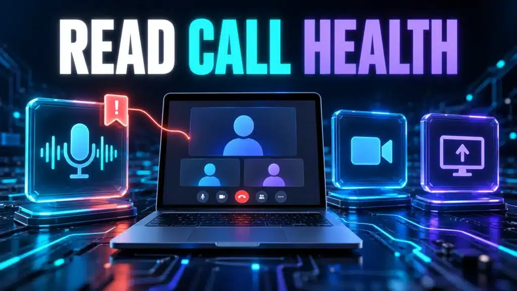 A meeting laptop and separate audio, video and sharing tiles illustrate checking call health.