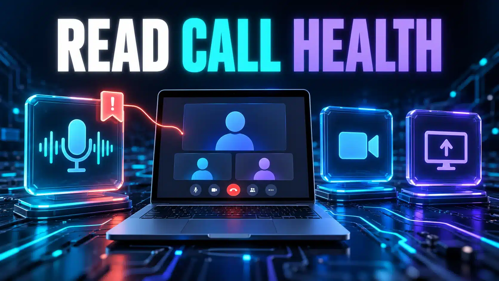 A meeting laptop and separate audio, video and sharing tiles illustrate checking call health.