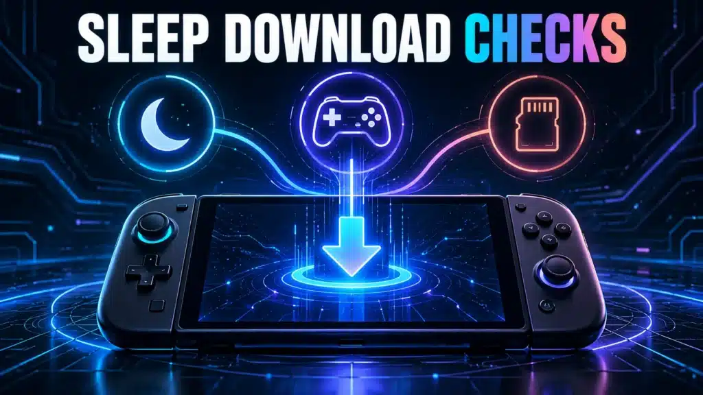 A handheld console with sleep, running-game and storage symbols illustrates download-state checks.