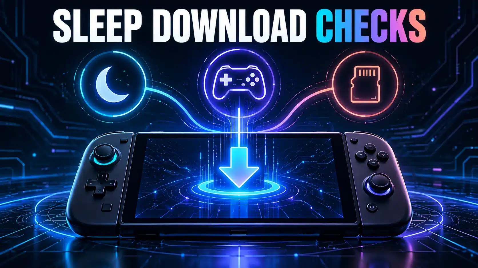 A handheld console with sleep, running-game and storage symbols illustrates download-state checks.