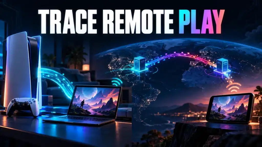 A home console streams to a nearby laptop and a remote phone through different connection paths.