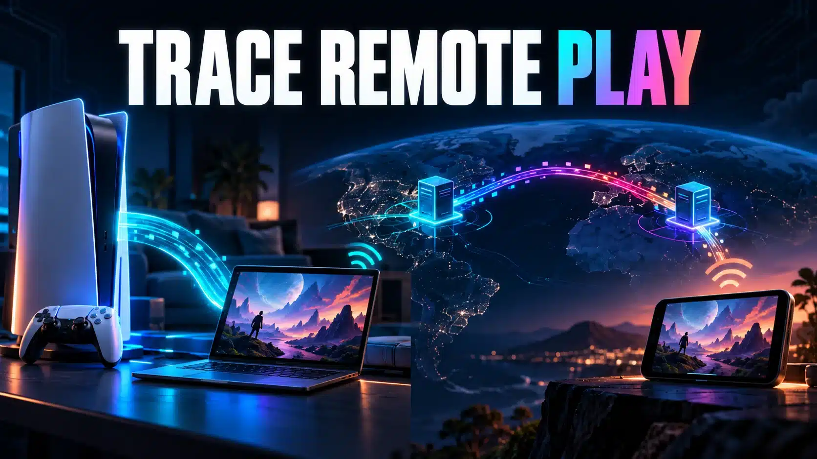 A home console streams to a nearby laptop and a remote phone through different connection paths.