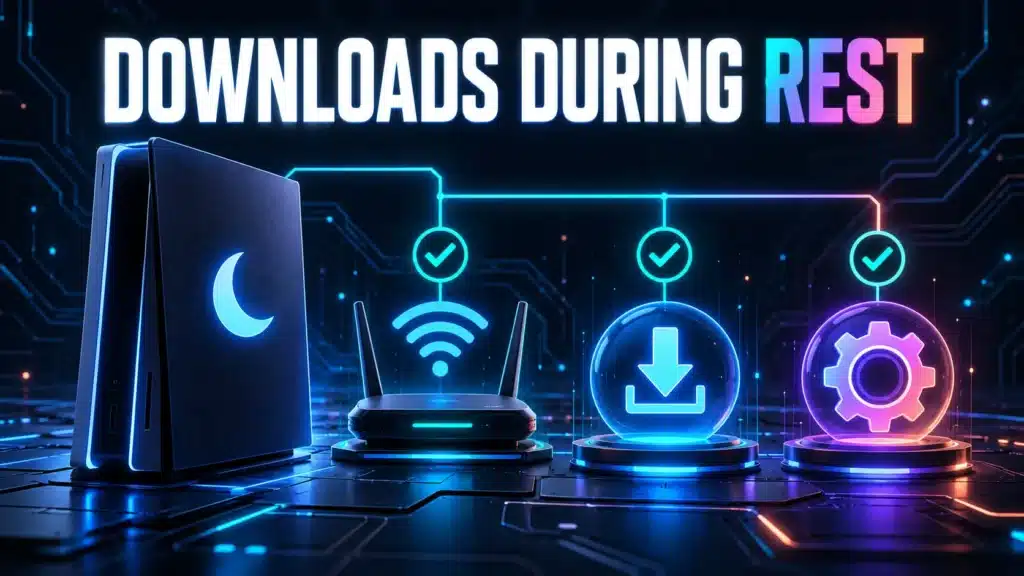 A resting console, network link and separate download and installation symbols show distinct controls.