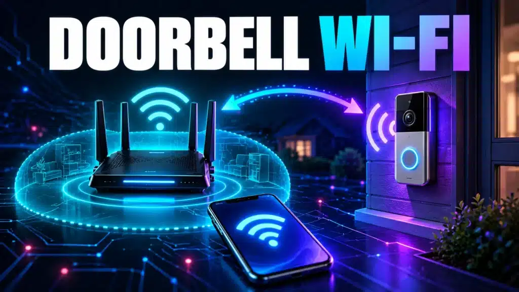 Conceptual smart doorbell reconnecting to a home Wi-Fi router.
