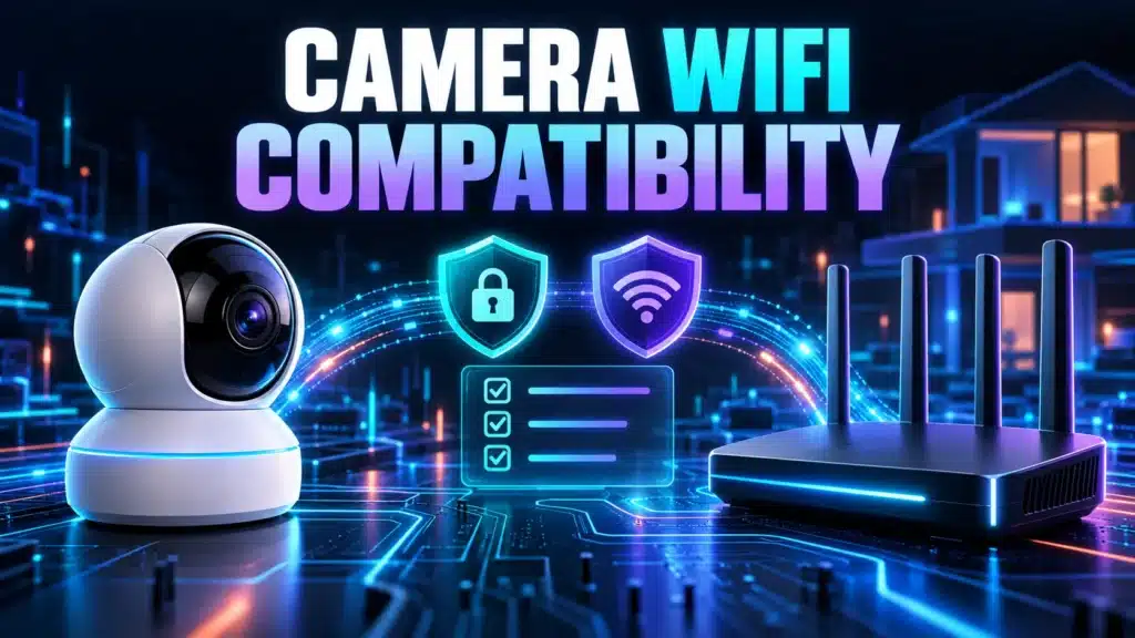 Smart camera and replacement router with security shields beside a compatibility checklist.