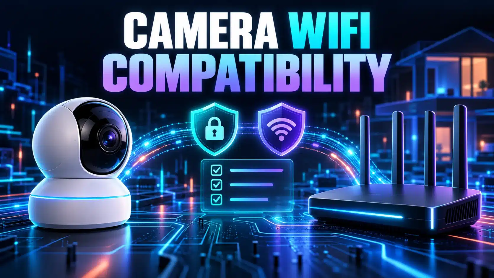 Smart camera and replacement router with security shields beside a compatibility checklist.
