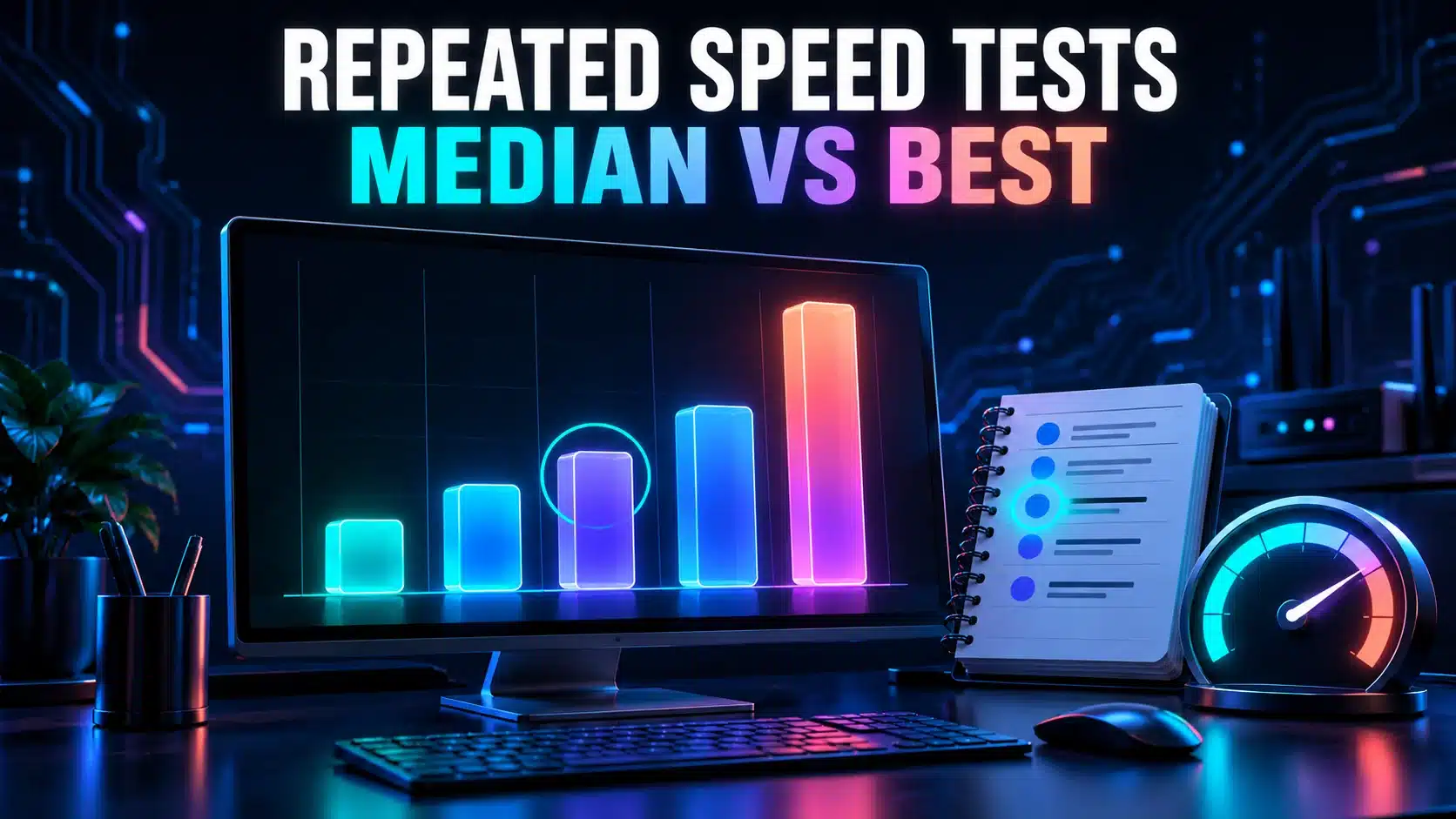 Illustration of five ascending speed-test bars with the middle observation highlighted as the median.