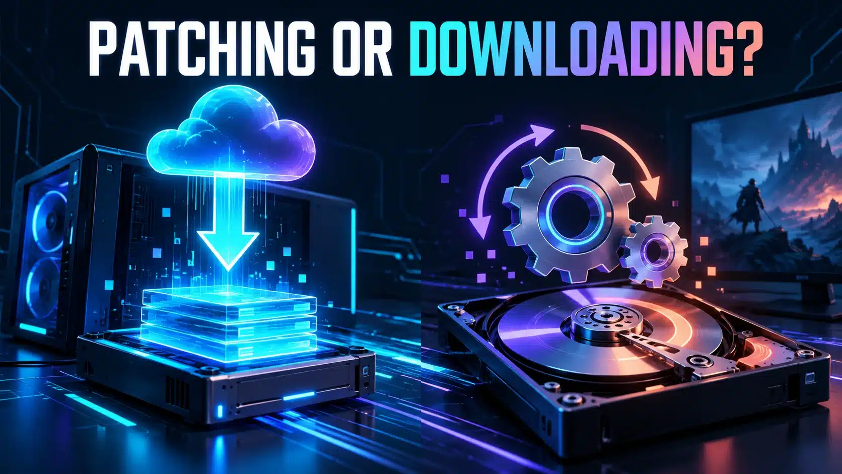 Illustration separating game download traffic from local disk activity and patching.
