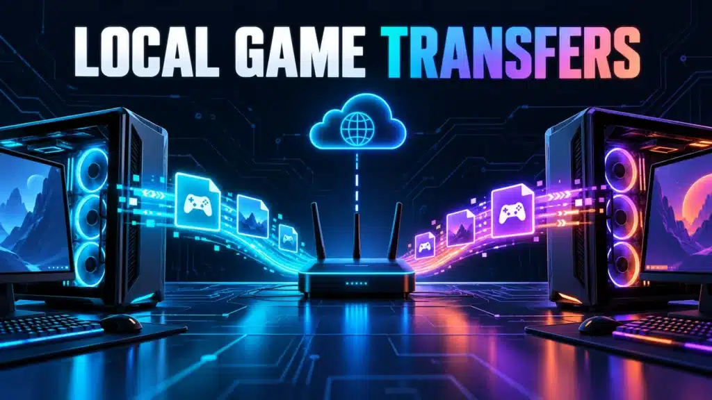 Two computers transfer game files across a home network while remaining connected to the internet.
