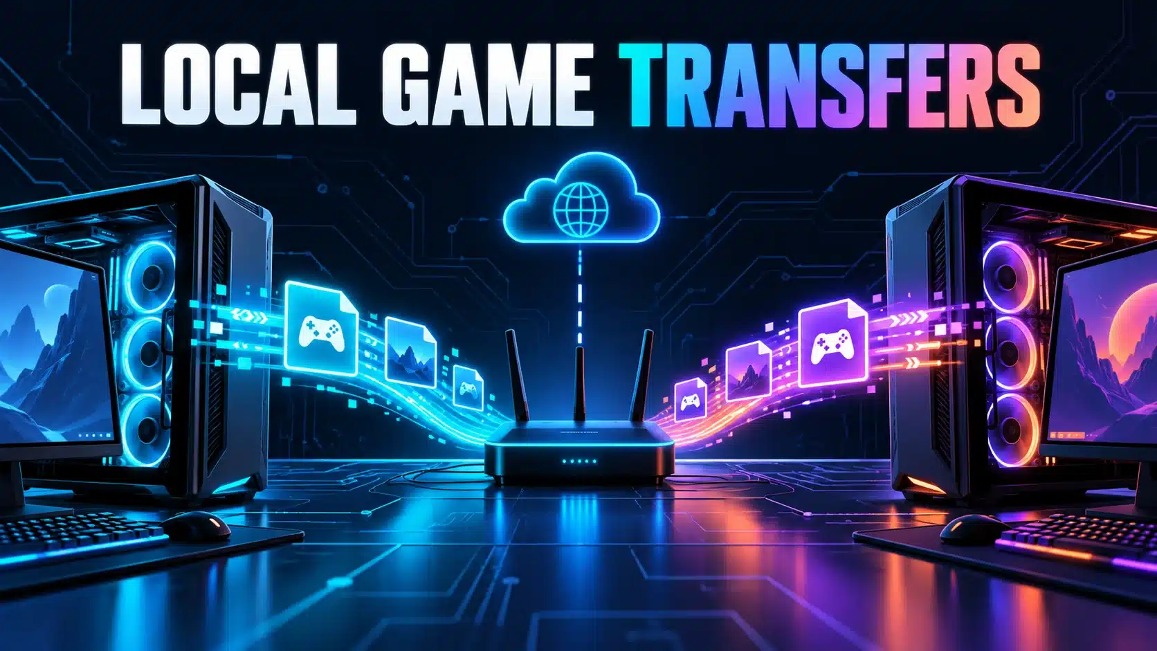 Two computers transfer game files across a home network while remaining connected to the internet.