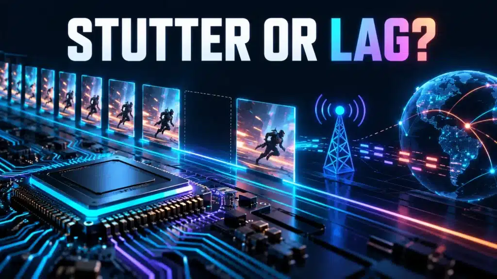 Game-frame timing and a separate network connection illustrate different causes of perceived lag.