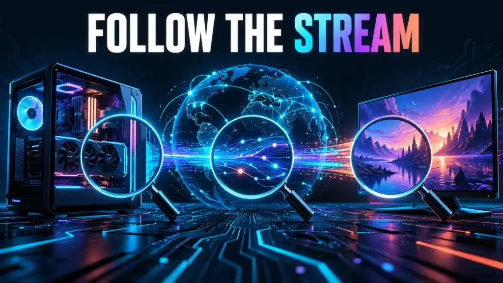 A host PC, network connection and client screen form the Remote Play streaming path.