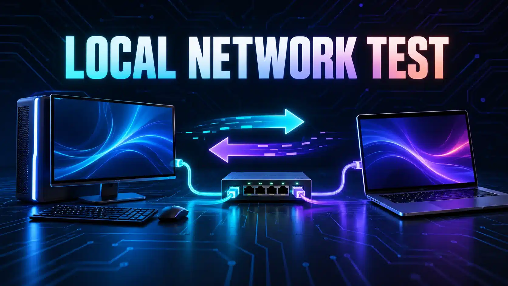 Two computers connected through an Ethernet switch for a local network throughput comparison.