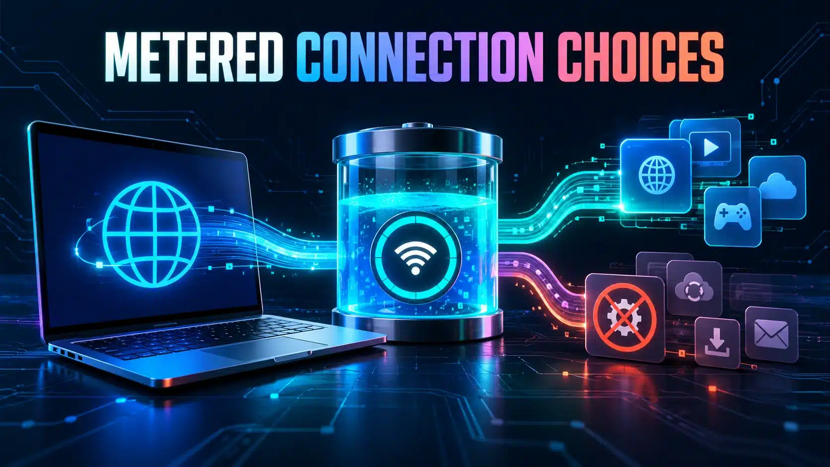 Laptop with data-allowance and background-update symbols illustrating a metered connection.