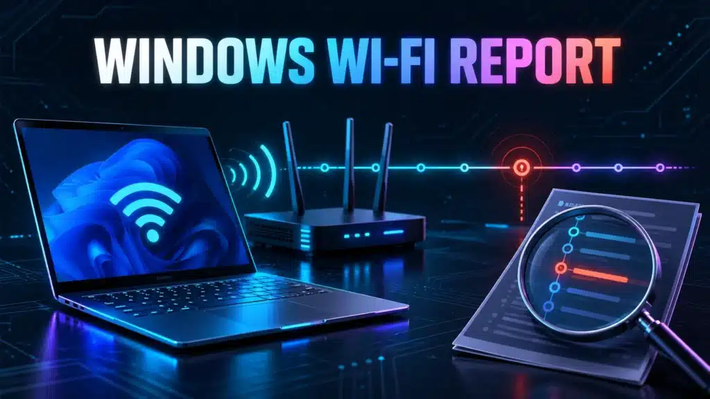 Laptop, Wi-Fi router and report document illustrating a recorded connection interruption.