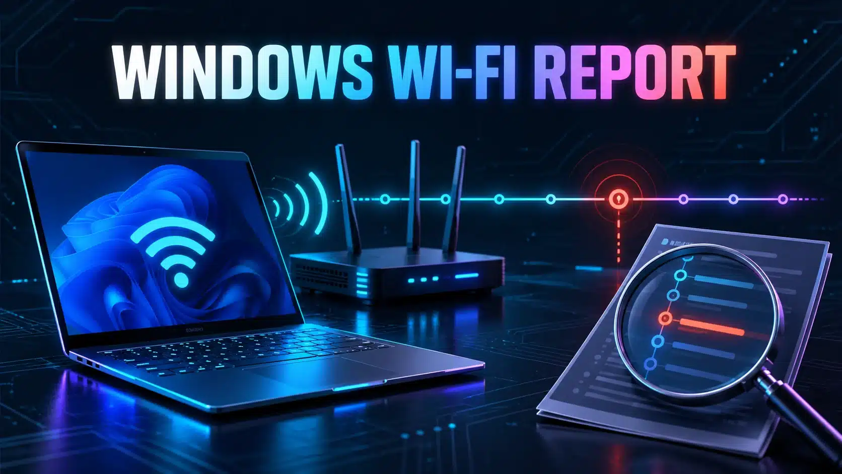 Laptop, Wi-Fi router and report document illustrating a recorded connection interruption.