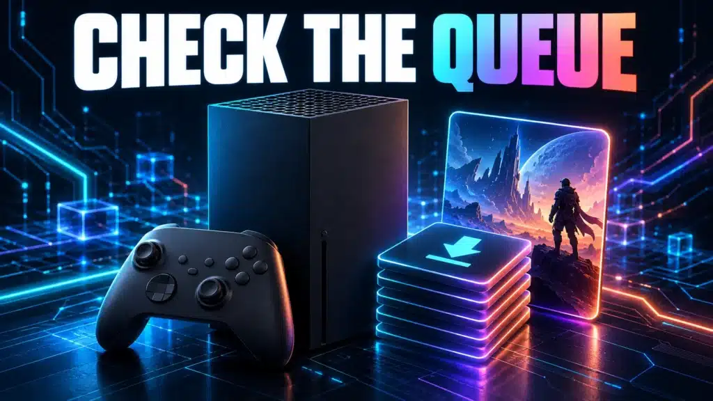 A console game and a separate download queue illustrate checking active play before a slow download.