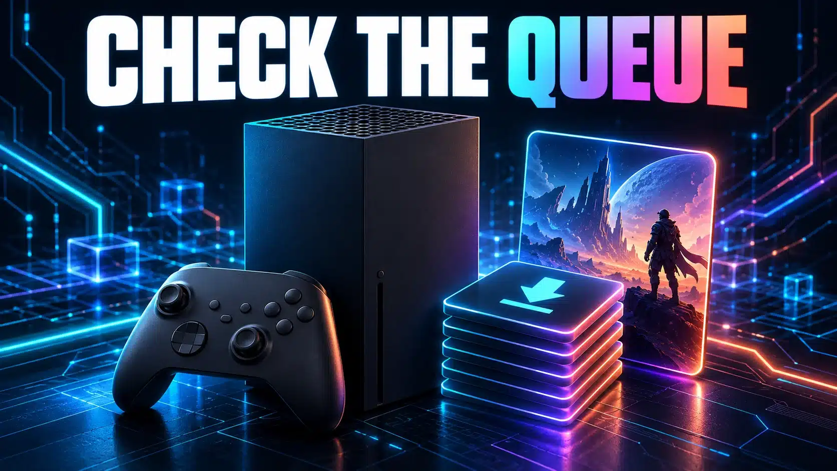 A console game and a separate download queue illustrate checking active play before a slow download.