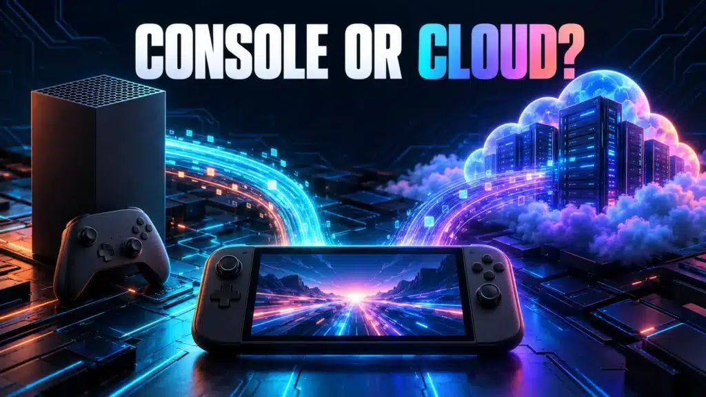 Two game-streaming paths originate from a home console and a cloud service.