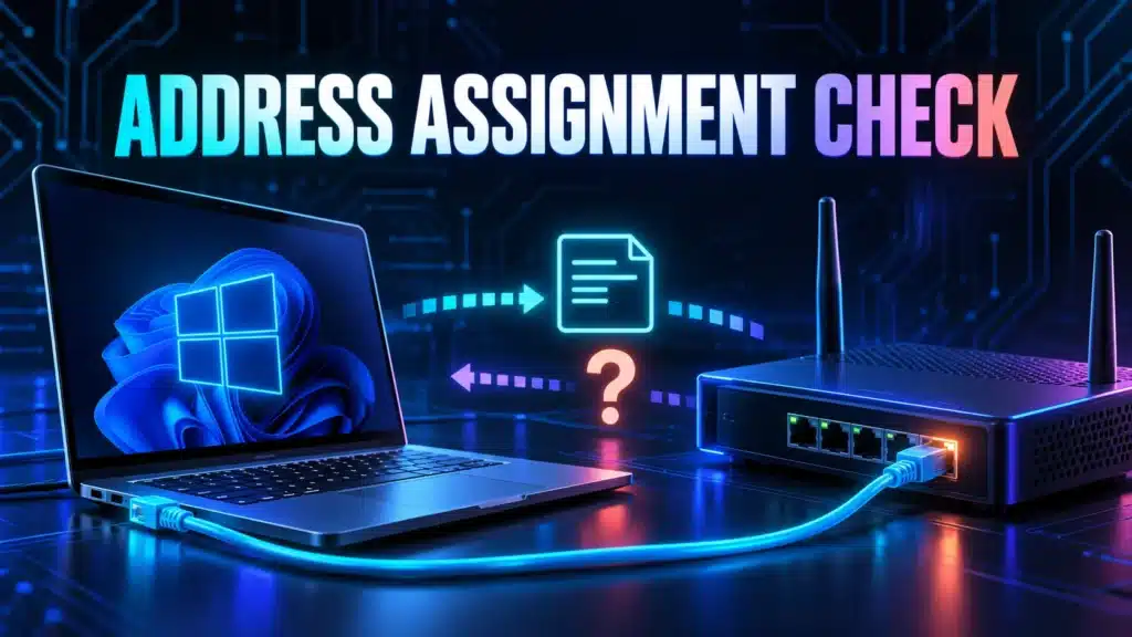Wired laptop, router and address card illustrating an Ethernet address-assignment check.