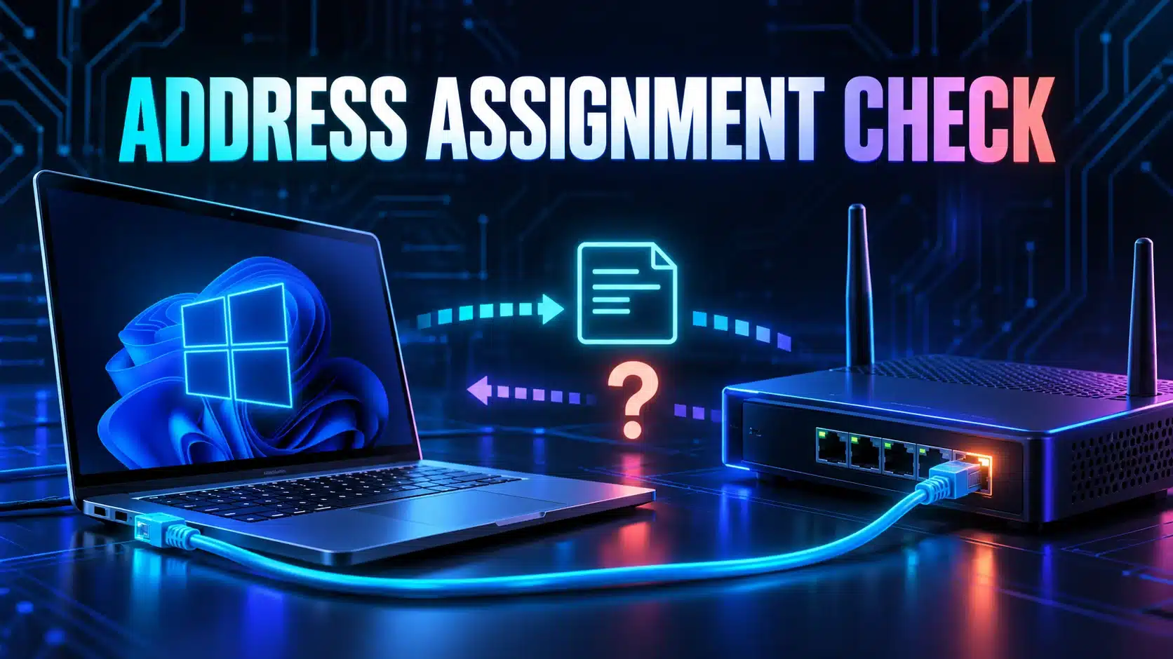 Wired laptop, router and address card illustrating an Ethernet address-assignment check.