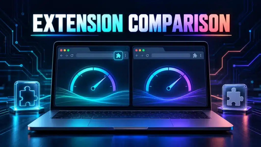 Two browser states with an extension symbol illustrating a controlled comparison of speed-test behavior.