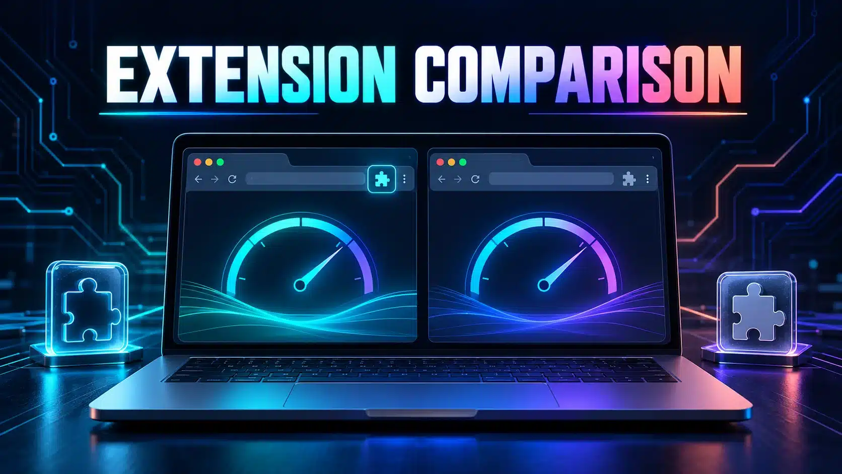Two browser states with an extension symbol illustrating a controlled comparison of speed-test behavior.