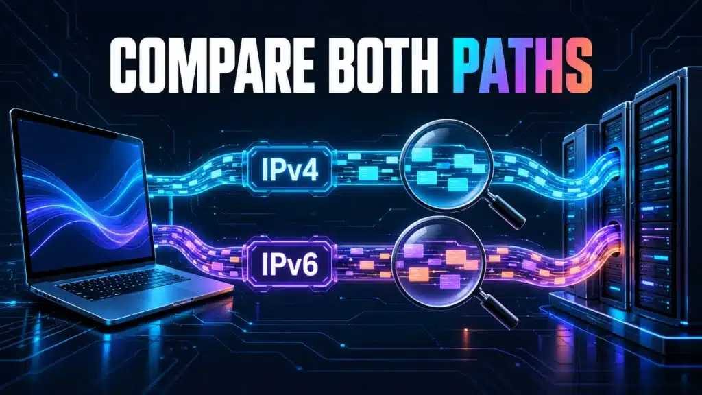 Parallel IPv4 and IPv6 routes connect the same computer and service for a paired connectivity check.