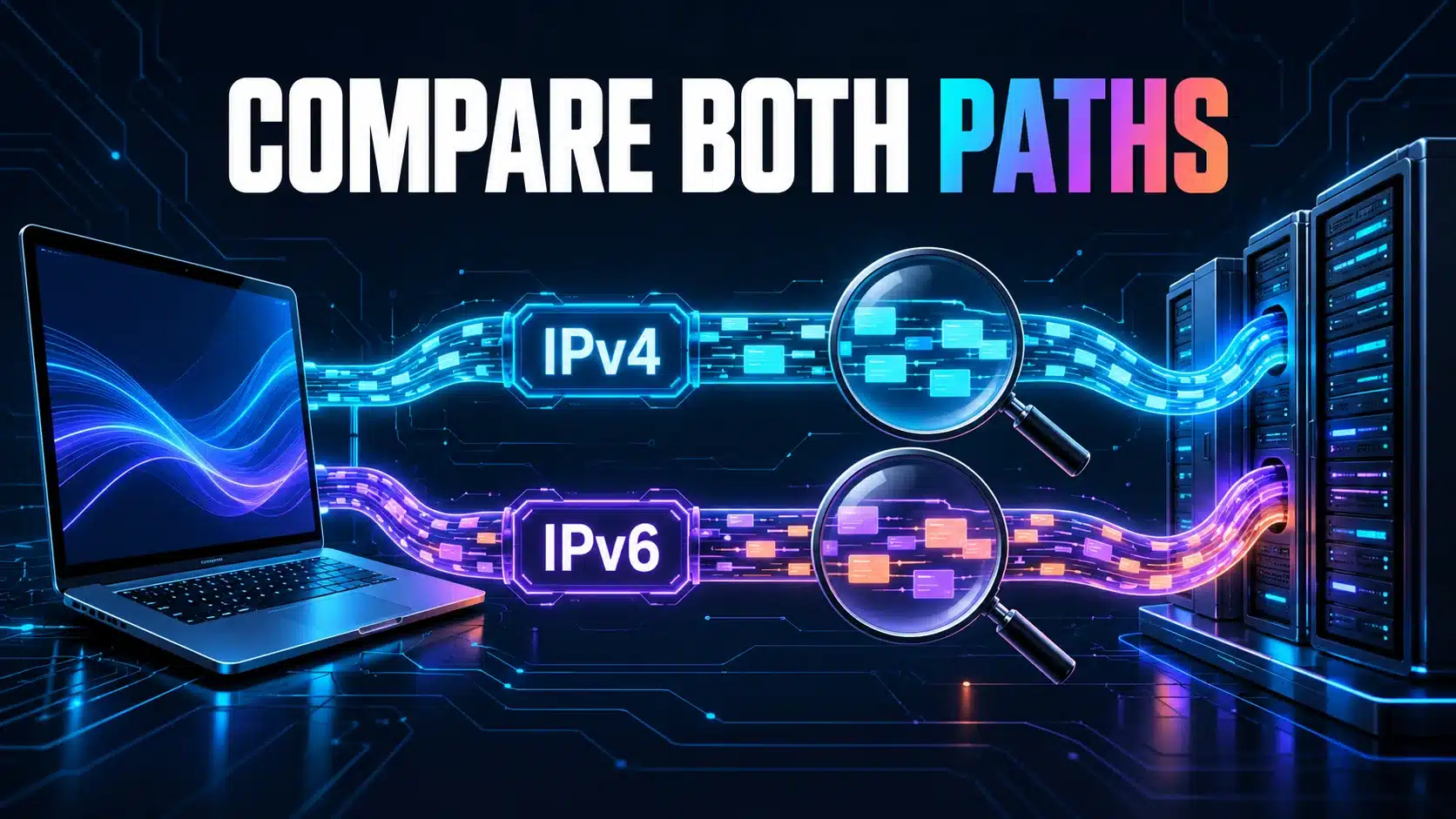 Parallel IPv4 and IPv6 routes connect the same computer and service for a paired connectivity check.