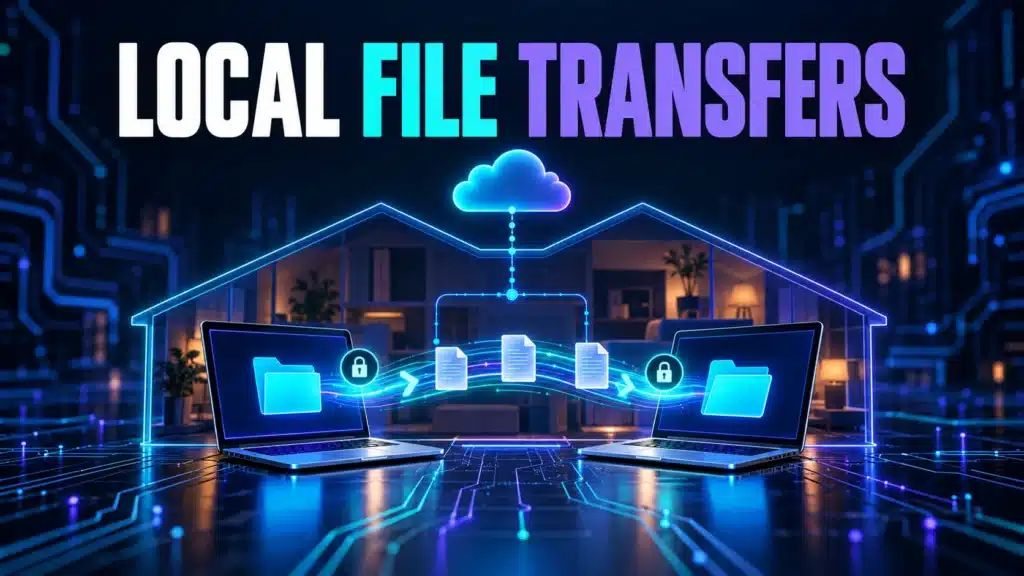 Two computers transfer a shared file over a local network while a separate cloud-sync link remains visible.