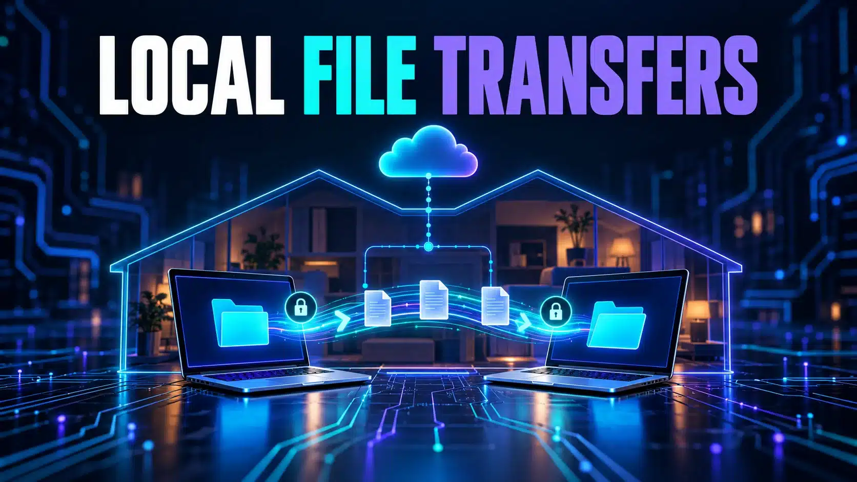 Two computers transfer a shared file over a local network while a separate cloud-sync link remains visible.