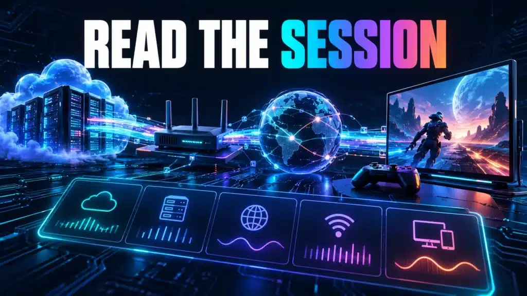 A cloud gaming pipeline beside a symbolic session report encourages checking separate stages.