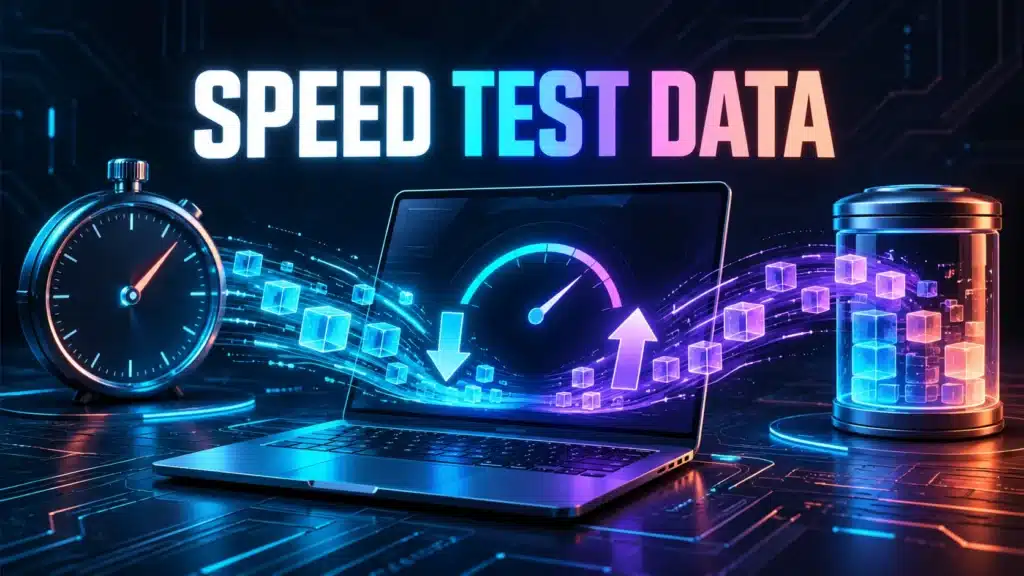 Laptop exchanging data beside a clock and allowance container, illustrating how speed tests consume data.