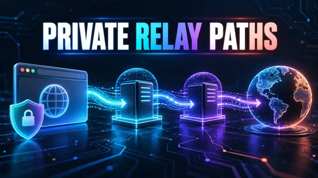 Browser connection passing through two relay nodes, illustrating a privacy relay path.
